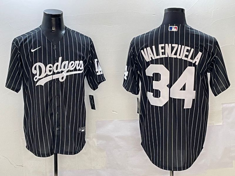 Men Los Angeles Dodgers 34 Valenzuela Black Stripe Jointly Name 2025 Nike MLB Jersey style 1